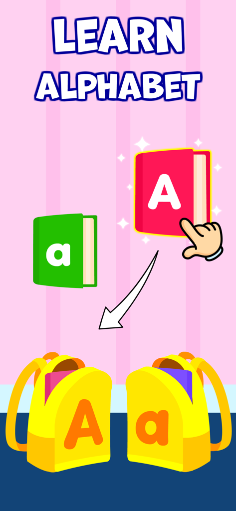 Un gioco interattivo per l'apprendimento dell'alfabeto per bambini con abbinamento di lettere maiuscole e minuscole con libri e zaini