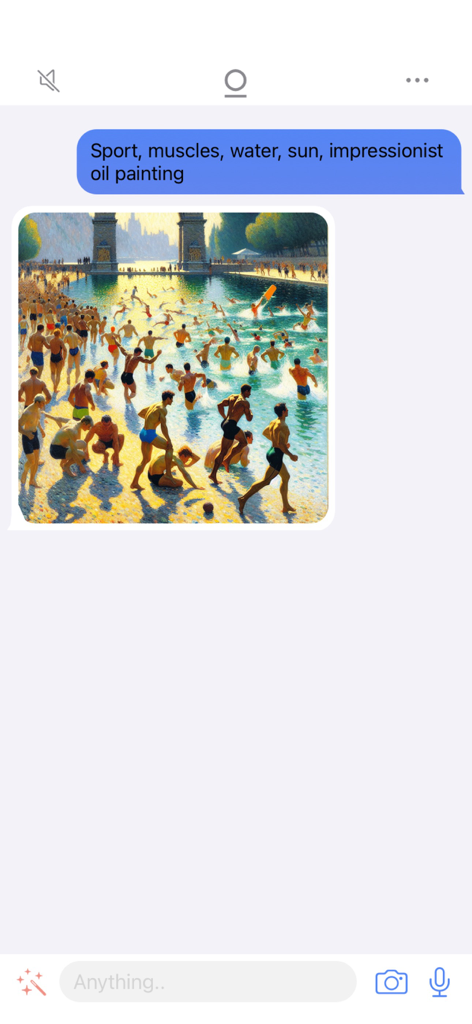 Delphi Pro - Delphi Pro App-Oberfläche, die ein von der KI generiertes impressionistisches Ölgemälde von Menschen am Pool basierend auf einem Text-Prompt zeigt