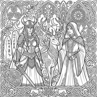 Discover a world where ancient Celtic figures meet dark Gothic elegance in this captivating coloring page. Featuring a valiant warrior, a wise druidess, and mystical creatures, it offers an intricate escape for fantasy enthusiasts.