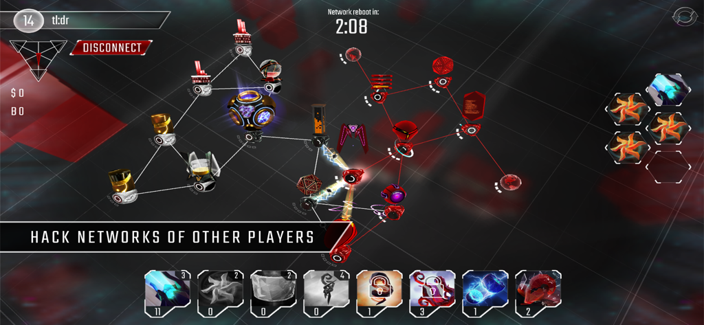 Hackers - Join the Cyberwar! - Gameplay screenshot of Hackers Join the Cyberwar showing a 3D network node interface during a hack