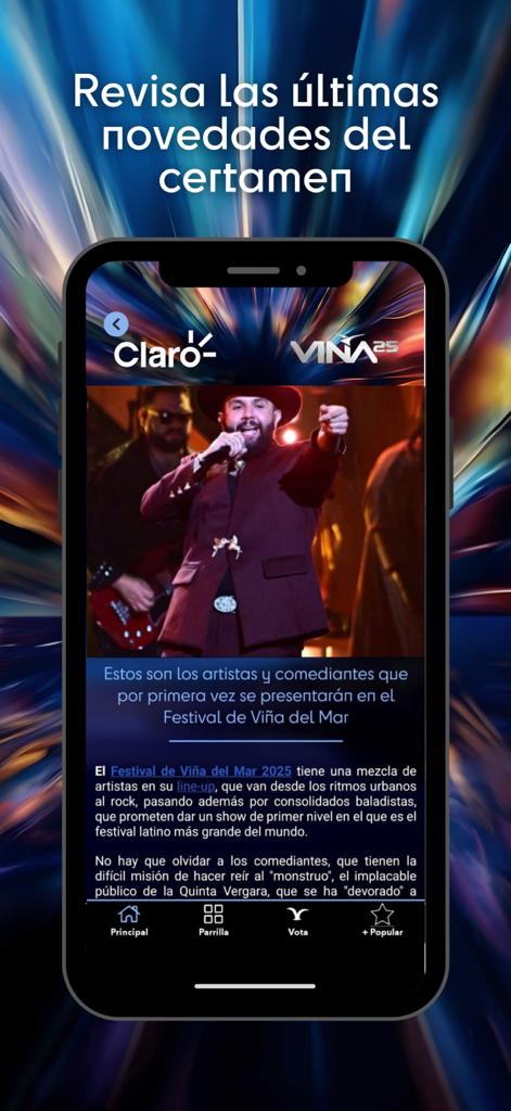 Claro Viña 2025 - Smartphone mostrando el feed de noticias de la app Claro Viña 2025 con los artistas del festival.