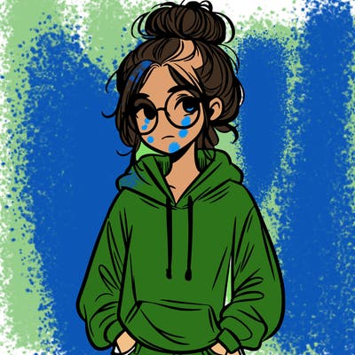 teen girl with a messy bun and glasses wearing a loose hoodie and jeans