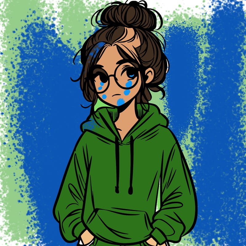 teen girl with a messy bun and glasses wearing a loose hoodie and jeans