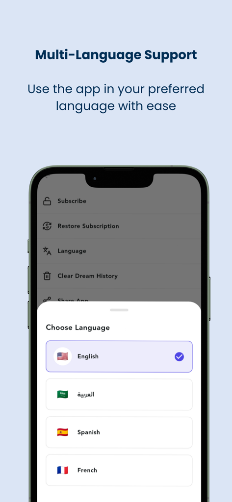 A7lamy app screen showing multi-language selection options including English and Arabic