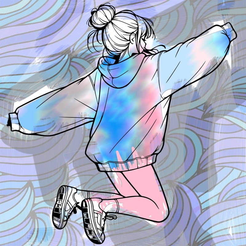 realistic girl jumping with a bun and oversized sweatshirt