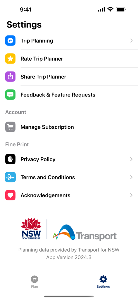 Settings menu of the Trip Planner Transport NSW app featuring account and subscription options.