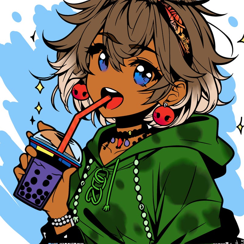 hot baddie anime girl drinking boba and biting the straw