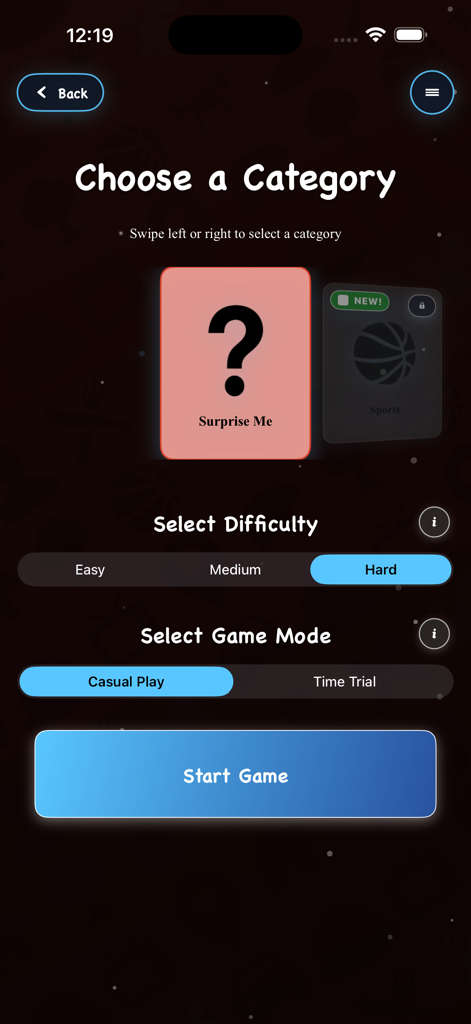 Setup screen for 2Q 20 Questions app featuring category selection difficulty levels and game modes