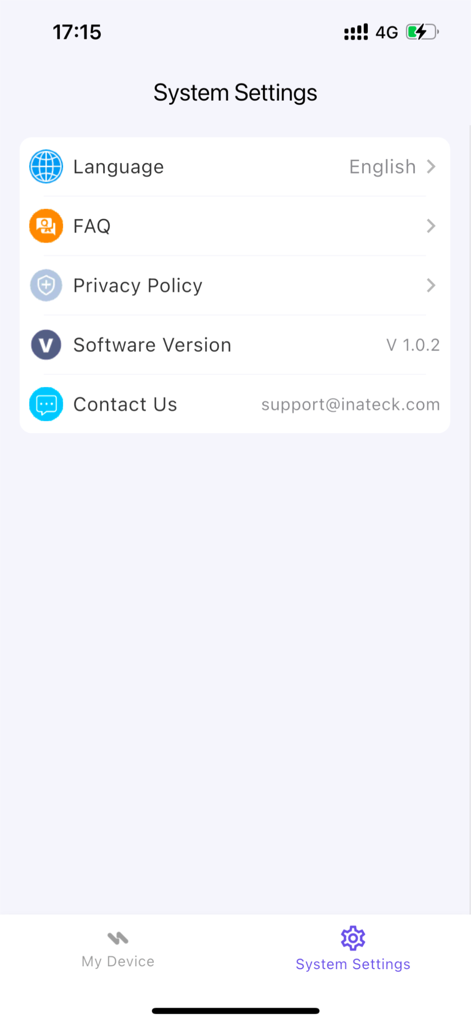inateck Origin - O menu de configurações do sistema do aplicativo inateck Origin mostrando opções de idioma, FAQ e versão do software.