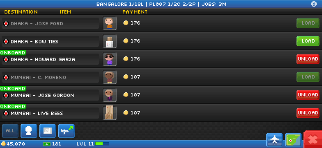 Pocket Planes: Airline Tycoon - Pixel art game interface for loading passengers and cargo in Pocket Planes