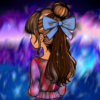 realistic girl  with hip length hair a bun and a big bow on the back of head