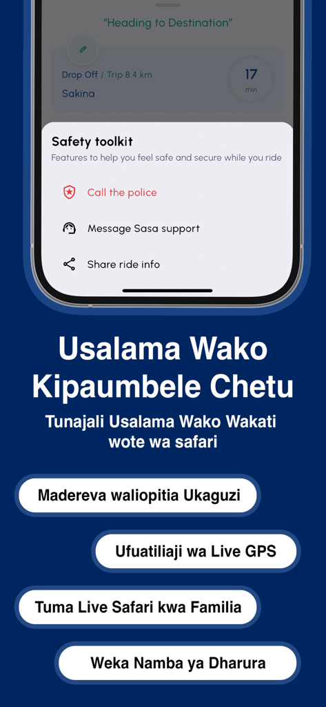 SasaRide app interface showing a safety toolkit with emergency assistance and ride sharing options.