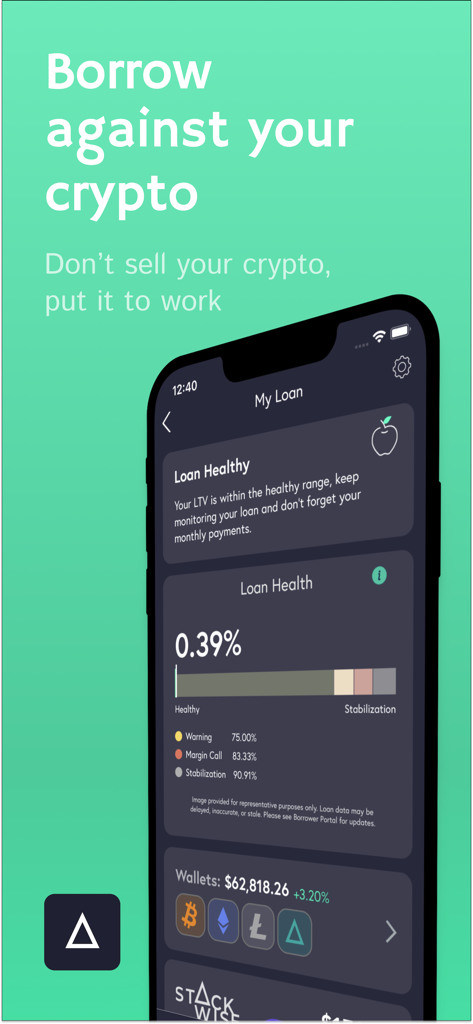 SALT Crypto Loans - SALT Crypto Loans app interface showing a loan health dashboard and crypto wallet balances