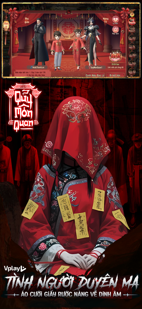 Quỷ Môn Quan - Vplay - Vietnamese MMORPG Quy Mon Quan banner featuring the in game marriage system and a mysterious ghost bride in a red robe with talismans