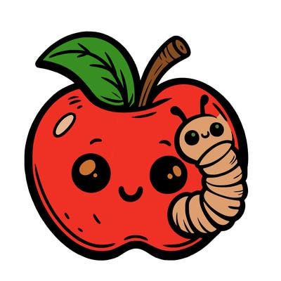 an apple with a worm peeking out