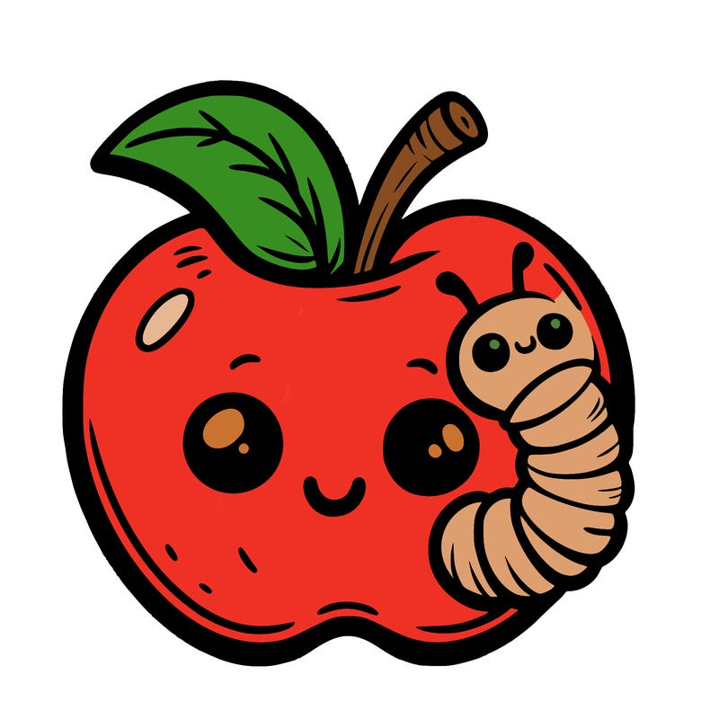 an apple with a worm peeking out
