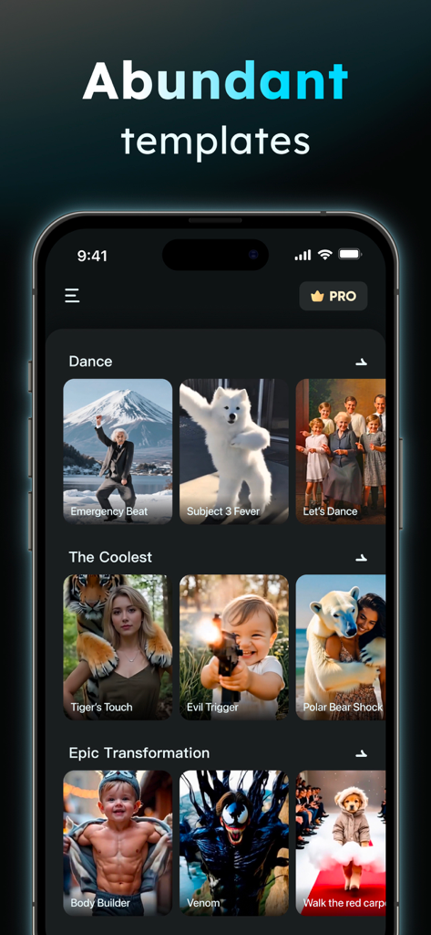 AIReel：AI Video Generator - AIReel mobile app interface showing various AI video templates in categories like Dance and Epic Transformation