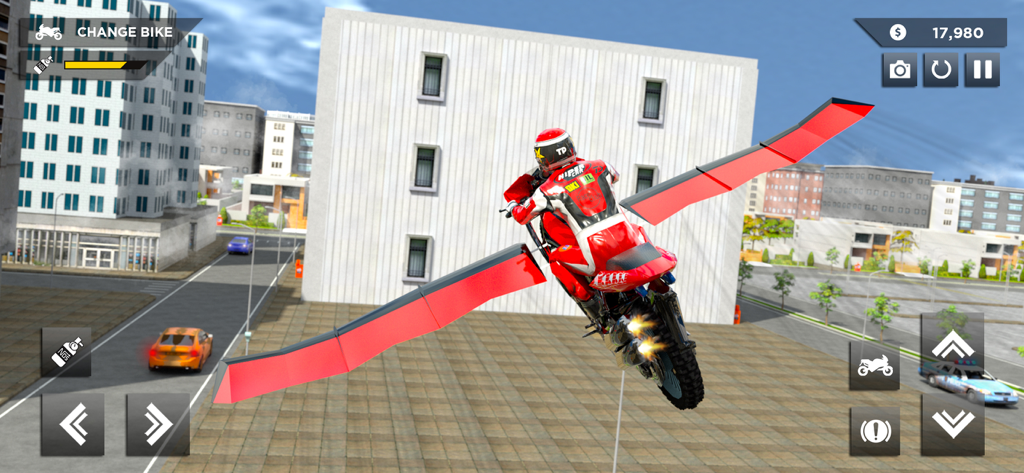 Flying Bike – Fly Motorbike 3D - Red motorcycle with wings flying over a city street in Flying Bike 3D