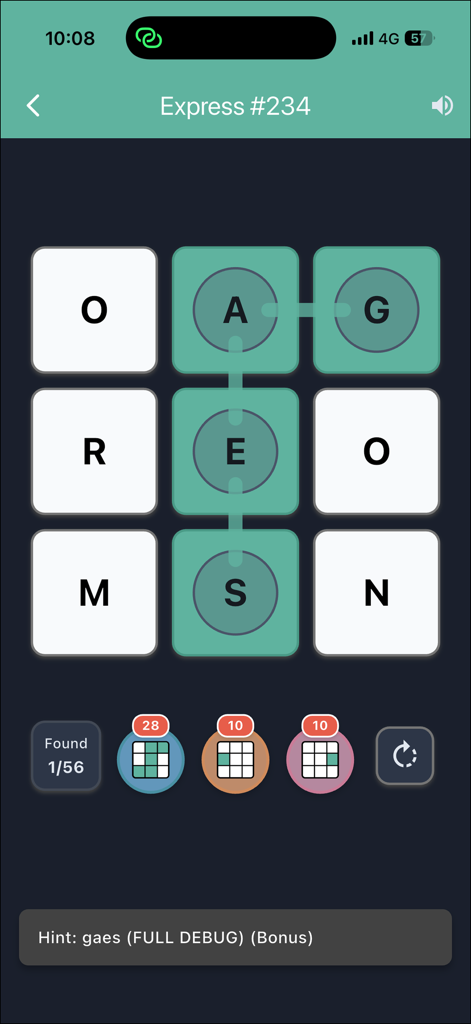 Squaredle - Mobile Spieloberfläche von Squaredle, die ein 3x3 Buchstabenraster mit einem verbundenen Wortpfad im Express-Modus zeigt