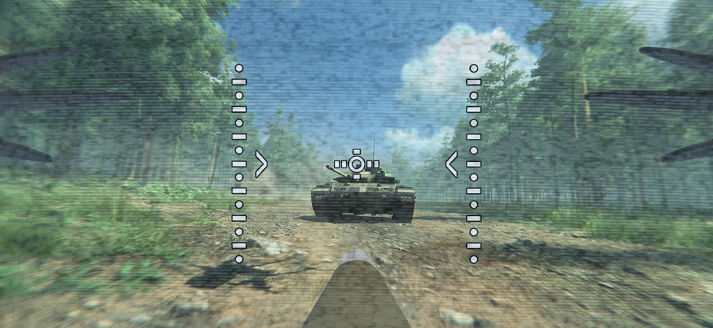 Vista in prima persona da un drone da combattimento che prende di mira un carro armato pesante su una strada forestale.