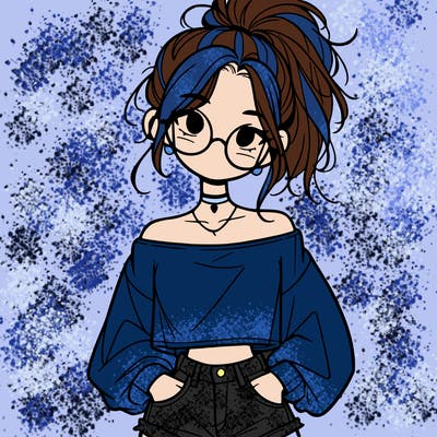 girl with a messy ponytail glasses a baggy crop top and jean shorts