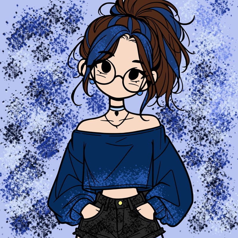 girl with a messy ponytail glasses a baggy crop top and jean shorts