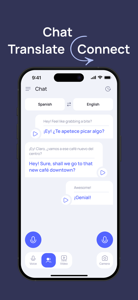アプリ内でのスペイン語と英語間のリアルタイムチャット翻訳インターフェース