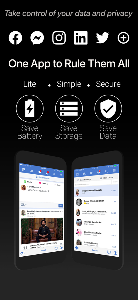 Friendly Plus Social Browser - Interfaz del Navegador Social Friendly Plus mostrando acceso a múltiples plataformas sociales y funciones de ahorro de batería