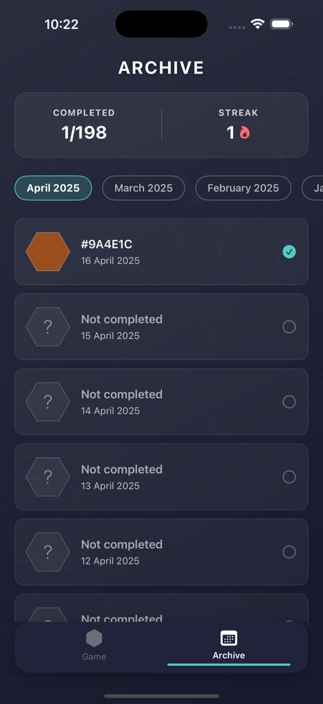 Hexcodle - La pantalla de archivo de la aplicación Hexcodle que muestra una lista de desafíos diarios de códigos de color hexadecimales e información sobre la racha del usuario.