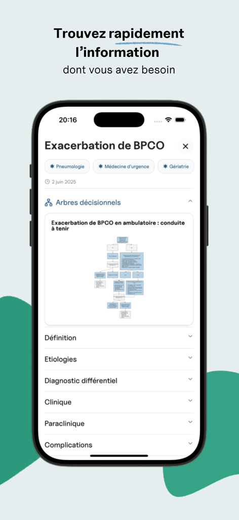 Interfaz de la aplicación médica Notaview que muestra un árbol de decisión clínica y pasos de diagnóstico para la EPOC