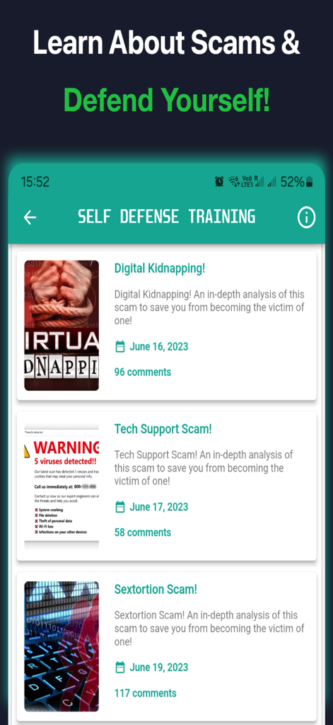 Ethical Hacking University App - Mobile app screen showing self defense training modules for digital kidnapping and tech support scams.