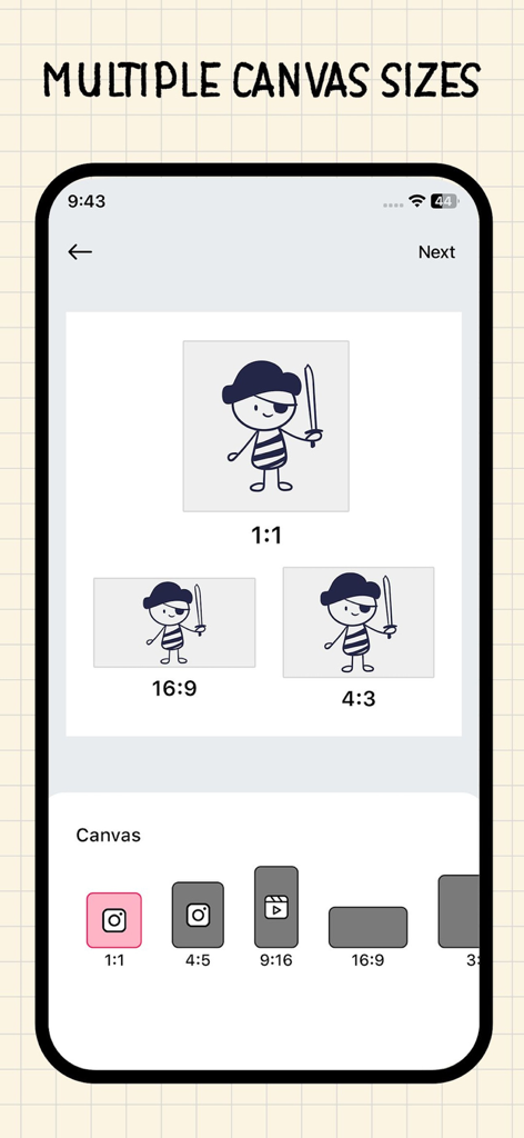 Pencil 2d - Draw & Animations - Pencil 2D app interface showing multiple canvas size options and social media aspect ratios