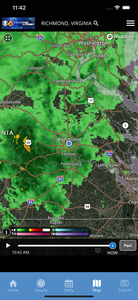 CBS 6 weather app displaying a live radar map for Richmond Virginia and surrounding areas
