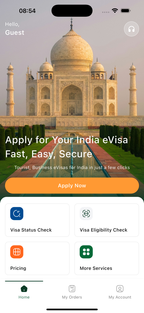 India Immi - タージ・マハルを背景にビザサービスボタンが表示されたIndia Immiアプリのホーム画面