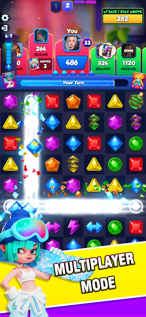 Jewel Party- Match 3 PVP - Gameplay del modo multijugador de Jewel Party Match 3 PVP mostrando puntuaciones y avatares de jugadores