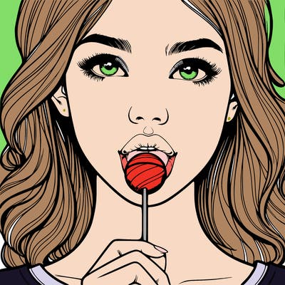 a realistic girl with a lollipop in her mouth