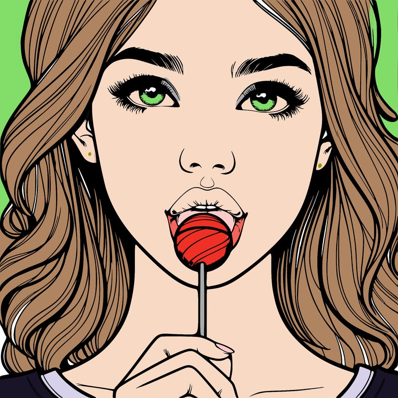 a realistic girl with a lollipop in her mouth