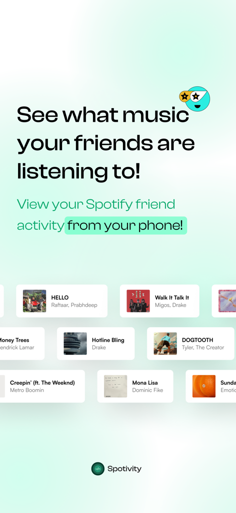 Spotivity App-Oberfläche, die Echtzeit-Spotify-Freundaktivität auf dem Handy anzeigt.