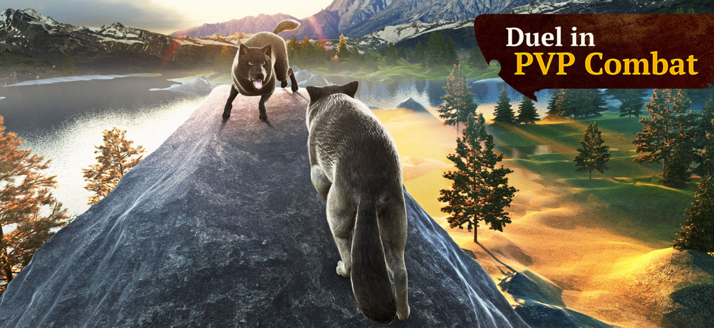 Dos lobos realistas en 3D enfrentándose en un duelo PVP en un acantilado de montaña