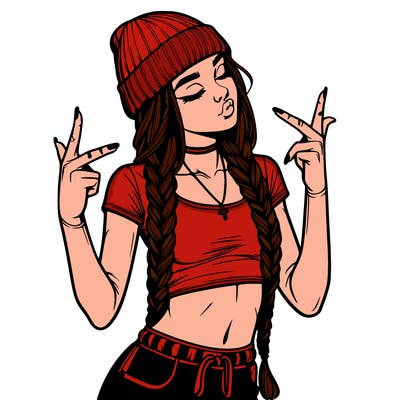 realistic teenage girl with braids and a beanie and crop top doing 🫶🏼