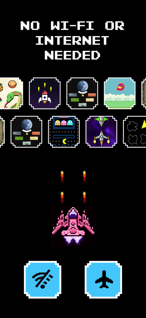Arcade Games - Arcadia - Retro pixel art arcade game icons on a black background highlighting offline and airplane mode support