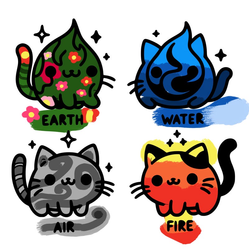 4 cats that represent the different elements, earth, water, air, and fire