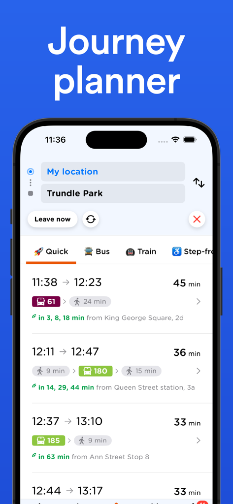 Philadelphia SEPTA Transit - Philadelphia Transit app journey planner interface showing multiple route options with live bus and train arrival times
