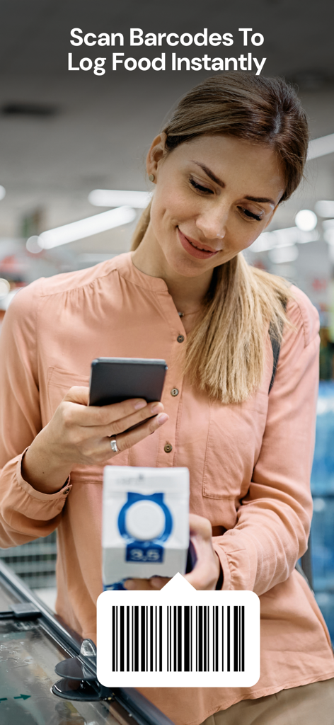 A woman using the Avatar Nutrition app to scan a food product barcode for instant macro logging.
