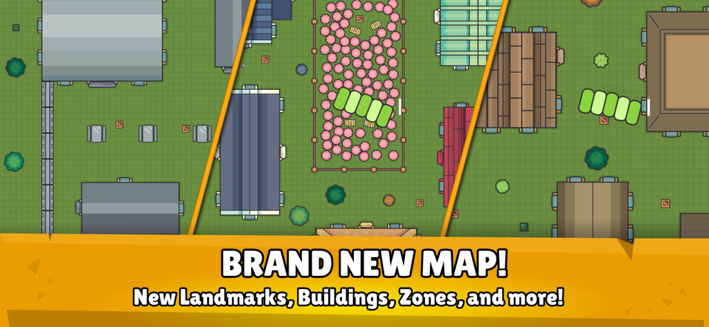 A top-down 2D view of the brand new map in ZombsRoyale.io showing new landmarks and buildings