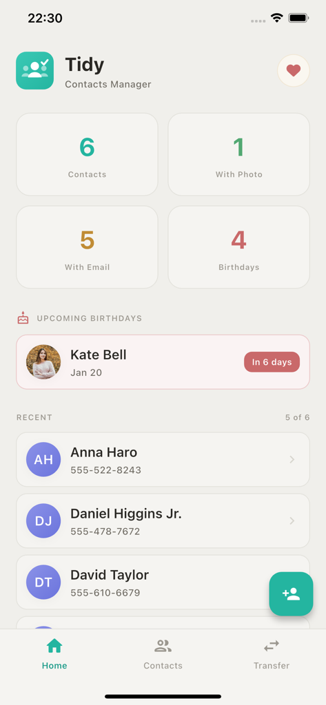 Tidy - Contacts Manager - The home dashboard of Tidy Contacts Manager showing contact statistics and upcoming birthdays.