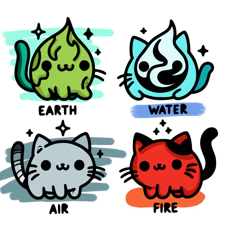 4 cats that represent the different elements, earth, water, air, and fire