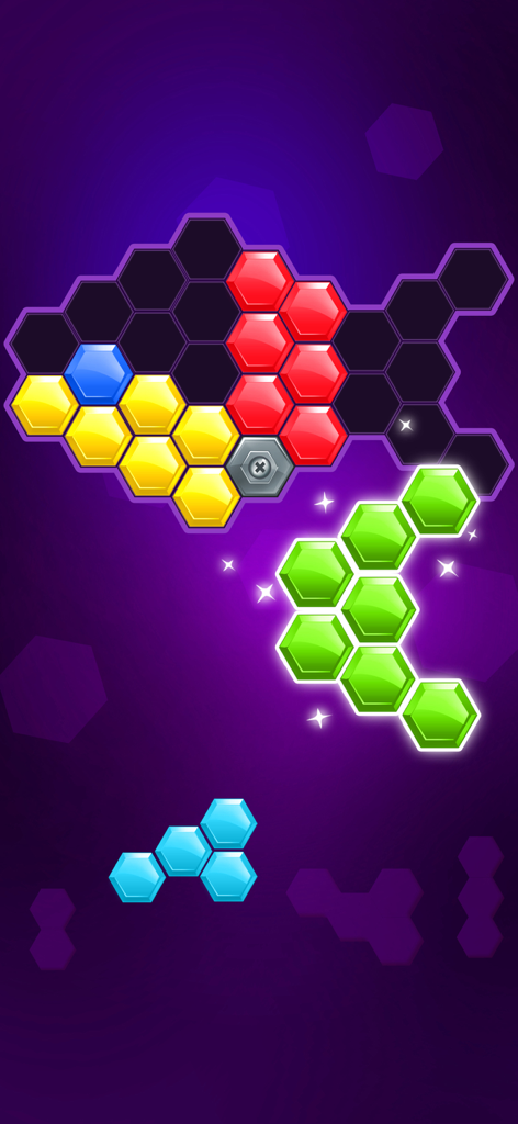 Tela de jogabilidade do Hexa Block Puzzle mostrando peças hexagonais coloridas sendo colocadas em um tabuleiro em forma de peixe.