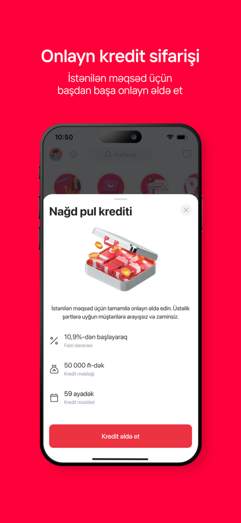 Birbank mobile app screen for online cash loan applications in Azerbaijan