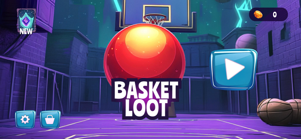 Basket Loot - Basket Loot game main menu featuring a large red ball and play button on a vibrant basketball court